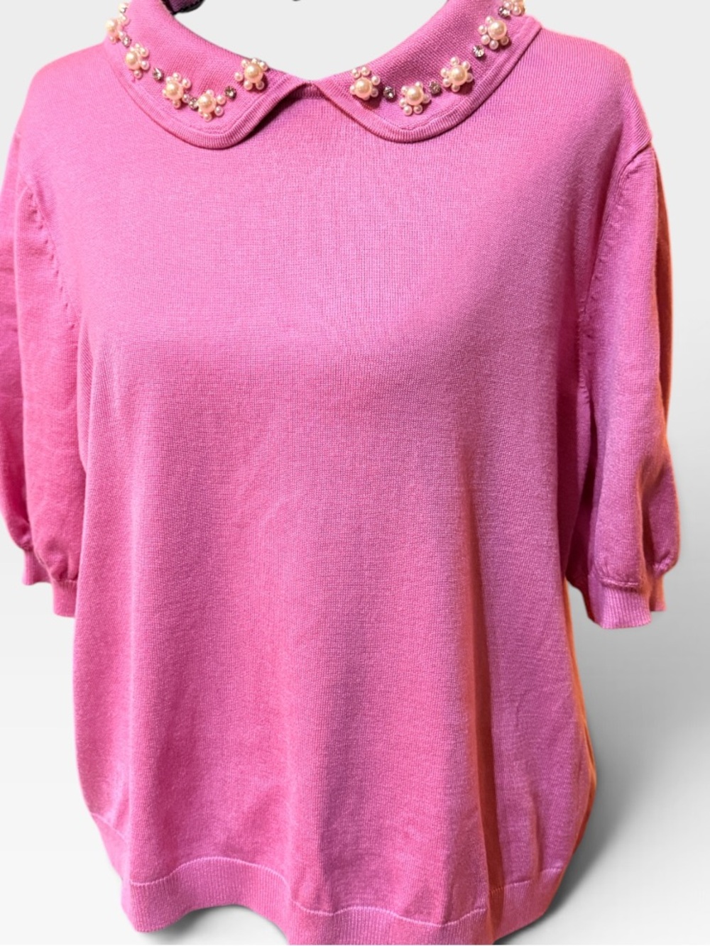 Adrianna Papell Pink Peter Pan Collar Pearl-Embellished Sweater